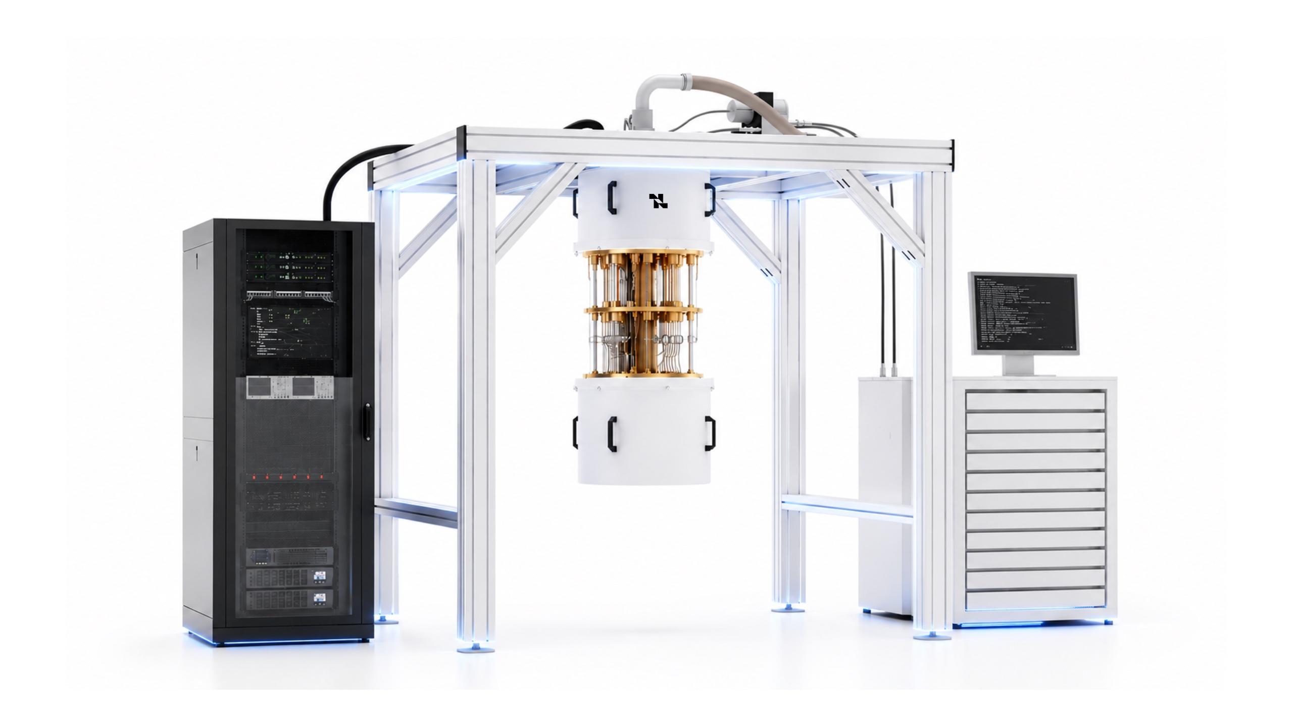 A full quantum computing lab: a dilution refrigerator in an aluminium frame, flanked by a server rack and a control station